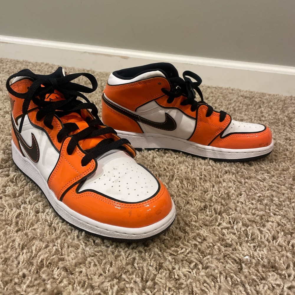 Jordan Kids Orange and White High-Top Sneakers with Black Accents